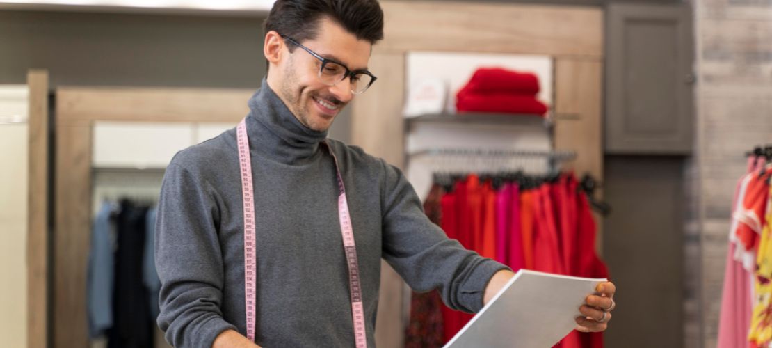 Alfaiate sorrindo em seu ateliê enquanto analisa moldes de roupa sobre uma mesa.